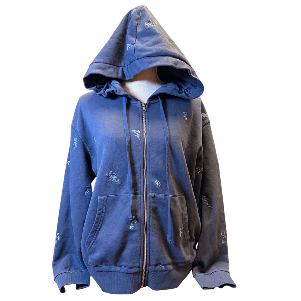 Driftwood Floral Embroidered Zip Hoodie Blue 100% Cotton Size L
